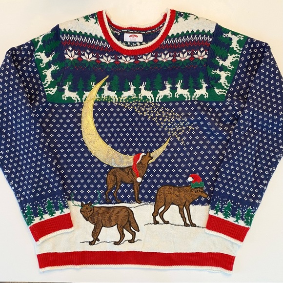 Holiday Time Men's Wolf Ugly Christmas Sweater Moon XL Blue Red Green Deer  tourism.sg.gov.lk